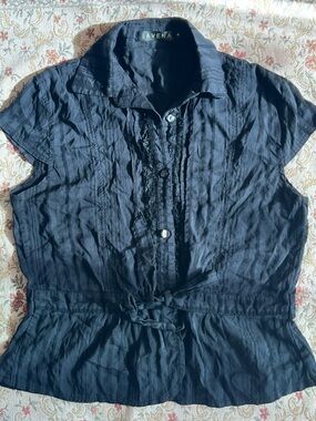Black Short Sleeve Button-Front Waist-Tie Blouse